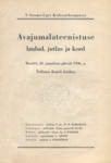 V Soome-Ugri Kultuurkongressi avajumalateenistuse laulud, jutlus ja kord. Reedel, 26. jaanikuu päeval 1936. a. Tallinna Kaarli kirikus